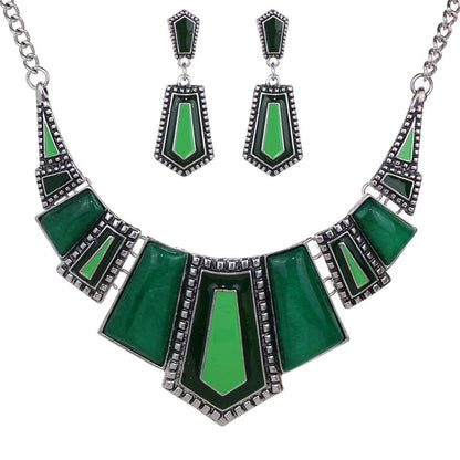 YAZILIND Vintage Ethnic Tibetan Silver Irregular Rhinestone Bib Collar Earrings Necklace Jewelry Set