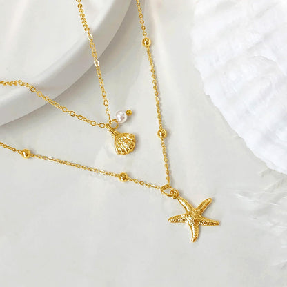 Zeffy Shell Necklace for Women,14K Gold Plated Layered Starfish Conch SeaShell Pearl Pendant Charm Necklace Stack Waterproof Dainty Beach Jewelry for Summer Vacation