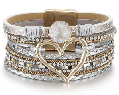 Fesciory Leopard Bracelet for Women, Boho Leather Wrap Multi-Layer Pearl Crystal Bracelet Bangle Jewelry
