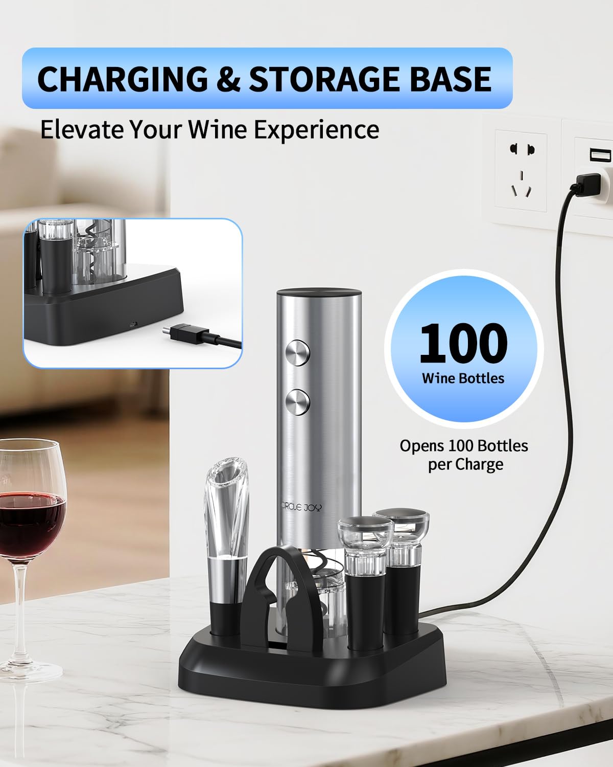 CIRCLE JOY Electric Wine Opener Rechargeable 5-in-1 Stainless Steel Wine Gift Set with Foil Cutter, Wine Aerator Pourer, Wine Drip Ring & Vacuum Stopper, Ideal Gifts for Wine Lovers, Silver