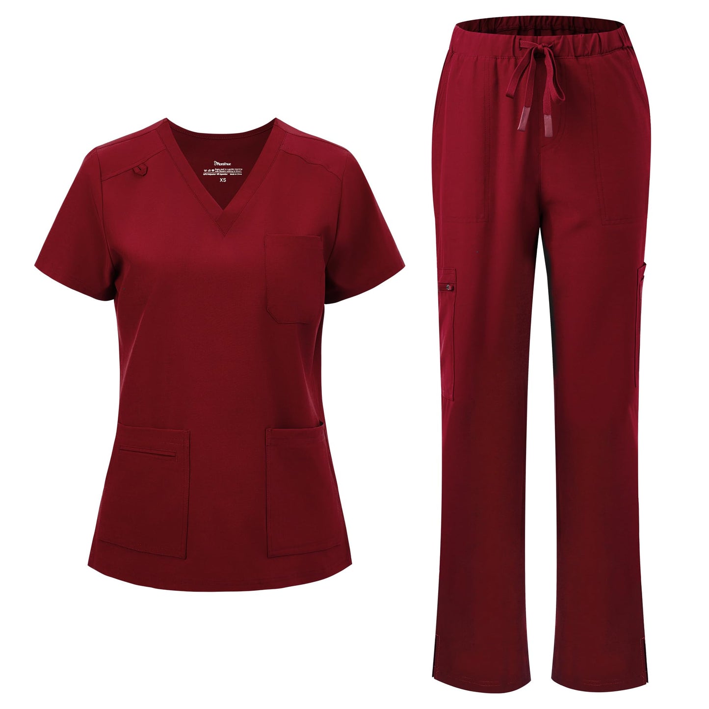 floralhue Scrubs for Women, V-Neck Straight Leg Pants with 12 Pockets | Slit Hem Cargo Pant Storage, Yoga Waistband, Water Resistance, For Nurses, Clinics, Long Shifts, Daily Medical Uniforms