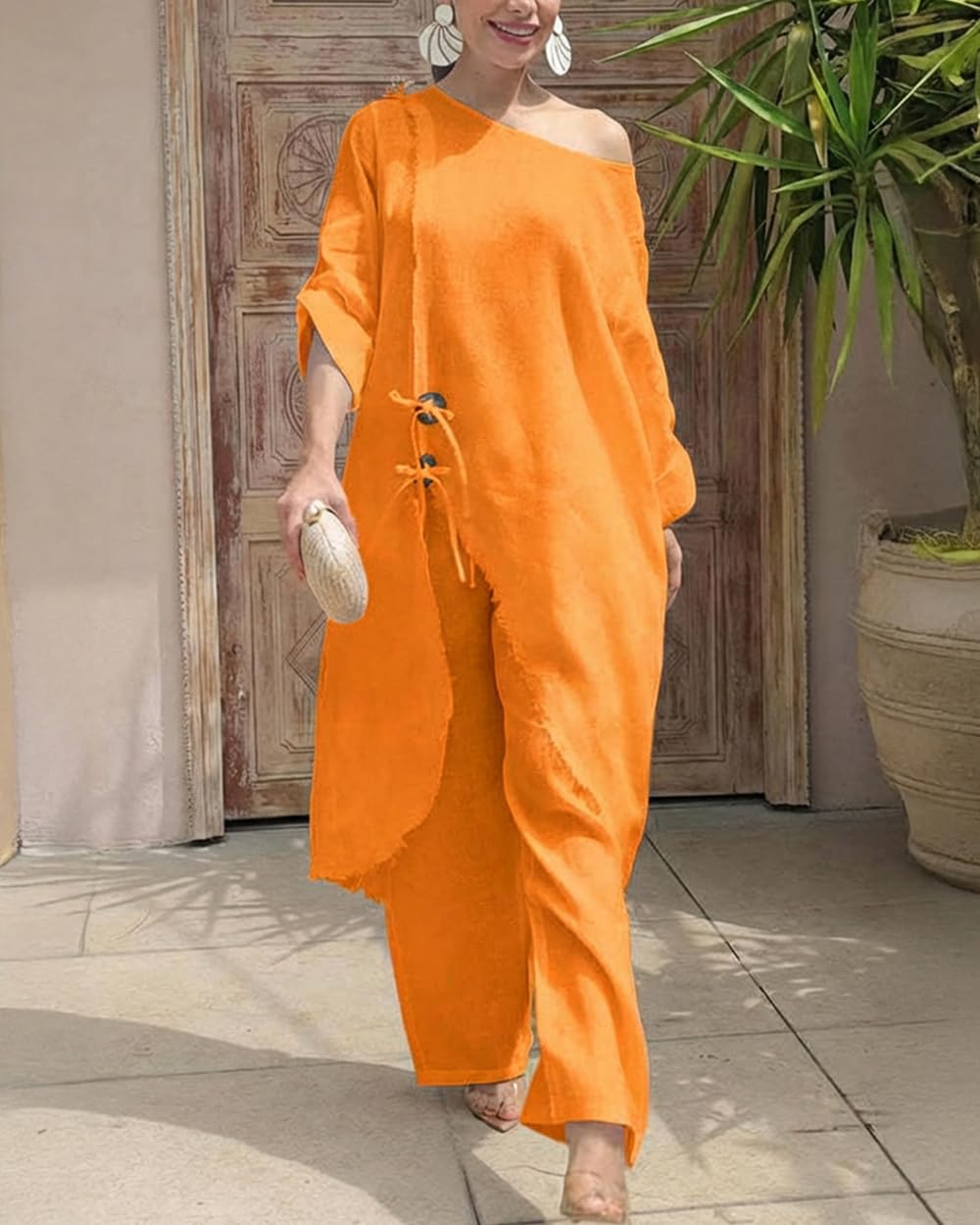 CHICME Women's Linen 2 Piece Vacation Set Cold Shoulder Wide Leg Pants | Lightweight Linen-Blend Fabric. Cold Shoulder Design. Perfect for Vacations, Travel, and Everyday Wear.
