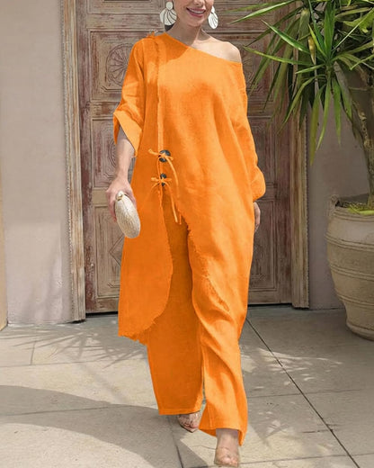 CHICME Women's Linen 2 Piece Vacation Set Cold Shoulder Wide Leg Pants | Lightweight Linen-Blend Fabric. Cold Shoulder Design. Perfect for Vacations, Travel, and Everyday Wear.