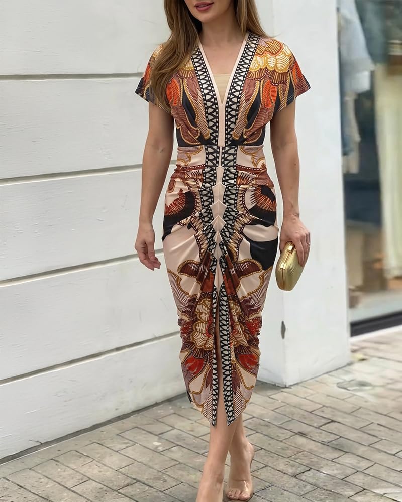 CHICME Summer Dresses for Women Floral Print Plunge V Neck Midi Dress Casual Ruched Slit Bodycon Party Dress