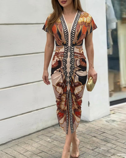 CHICME Summer Dresses for Women Floral Print Plunge V Neck Midi Dress Casual Ruched Slit Bodycon Party Dress