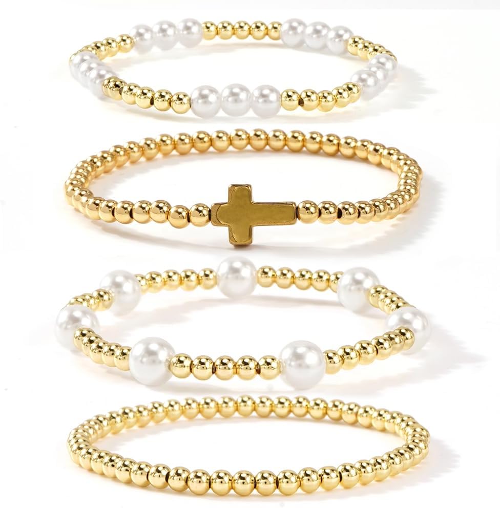 14K Gold Plated Pearl Beaded Cross Bracelets Stack Set for Women,Stretch Boho Colorful Christian Beads Ball Jewelry Friendship Summer Trendy Gift