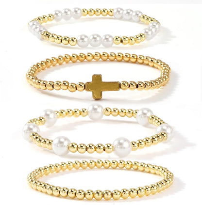 14K Gold Plated Pearl Beaded Cross Bracelets Stack Set for Women,Stretch Boho Colorful Christian Beads Ball Jewelry Friendship Summer Trendy Gift