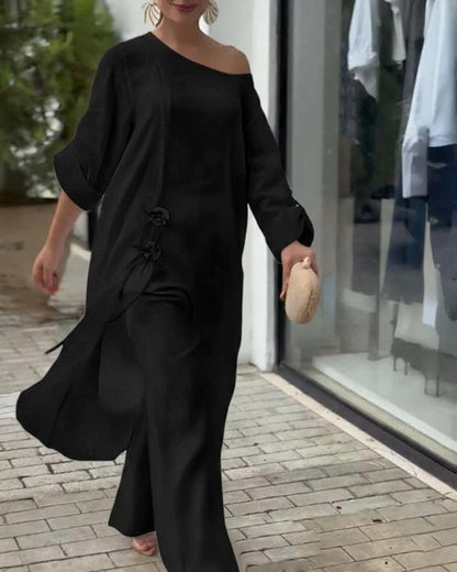 CHICME Women's Linen 2 Piece Vacation Set Cold Shoulder Wide Leg Pants | Lightweight Linen-Blend Fabric. Cold Shoulder Design. Perfect for Vacations, Travel, and Everyday Wear.