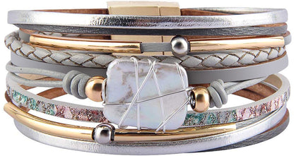 Fesciory Leopard Bracelet for Women, Boho Leather Wrap Multi-Layer Pearl Crystal Bracelet Bangle Jewelry