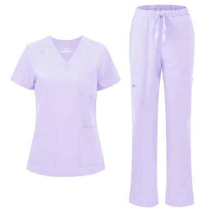 floralhue Scrubs for Women, V-Neck Straight Leg Pants with 12 Pockets | Slit Hem Cargo Pant Storage, Yoga Waistband, Water Resistance, For Nurses, Clinics, Long Shifts, Daily Medical Uniforms