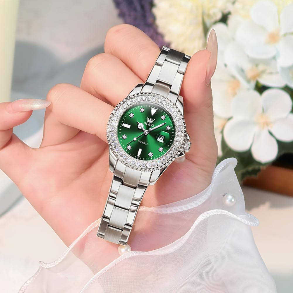OLEVS Watches Women with Date Silver Stainless Steel Luxury Ladies Watches with Small Writs Diamond Watches for Women Waterproof Elegant Dress Quartz Analog Women's Wrist Watches Reloj de Mujer