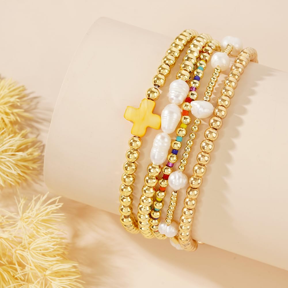 14K Gold Plated Pearl Beaded Cross Bracelets Stack Set for Women,Stretch Boho Colorful Christian Beads Ball Jewelry Friendship Summer Trendy Gift