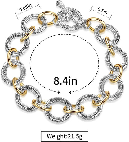 Mytys Chunky Chain Link Bracelet Two-Tone Mixed Metal Textured Toggle Clasp Statement Bangle Bracelet Jewelry for Women Fashion