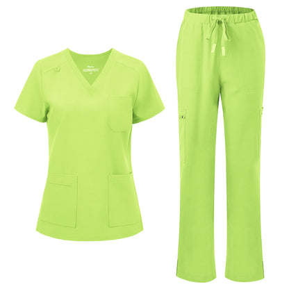floralhue Scrubs for Women, V-Neck Straight Leg Pants with 12 Pockets | Slit Hem Cargo Pant Storage, Yoga Waistband, Water Resistance, For Nurses, Clinics, Long Shifts, Daily Medical Uniforms