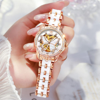 OLEVS Automatic Watches for Women Rose Gold Fashion Diamond Dress Ladies Wrist Watch Self Winding Mechanical Two Tone Ceramic Band Waterproof