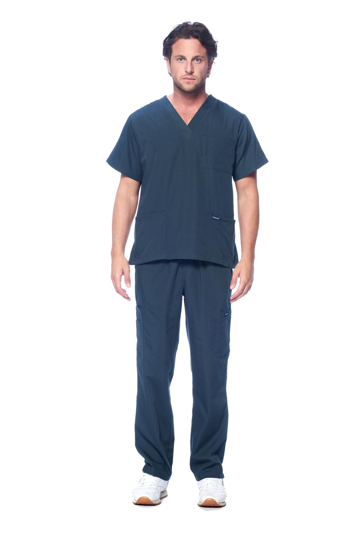 Dagacci Medical Uniform® Men's V-Neck Cargo Scrubs | Cotton Blend, Matching Top and Cargo Pants Set, 8 Pockets, Elastic Drawcord Waistband, for Men in Healthcare