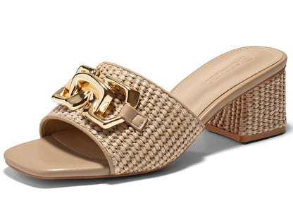Coutgo Womens Raffia Slide Sandals Chunky Block Heeled Square Open Toe Metal Chain Slip on Mules Dressy Shoes