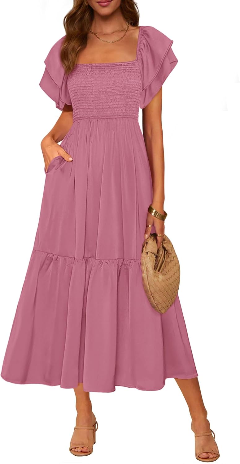 MASCOMODA Womens Summer Casual Midi Dress Square Neck Ruffle Short Sleeve Smocked High Waist A Line Wedding Guest Dresses