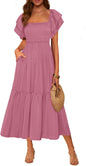 MASCOMODA Womens Summer Casual Midi Dress Square Neck Ruffle Short Sleeve Smocked High Waist A Line Wedding Guest Dresses