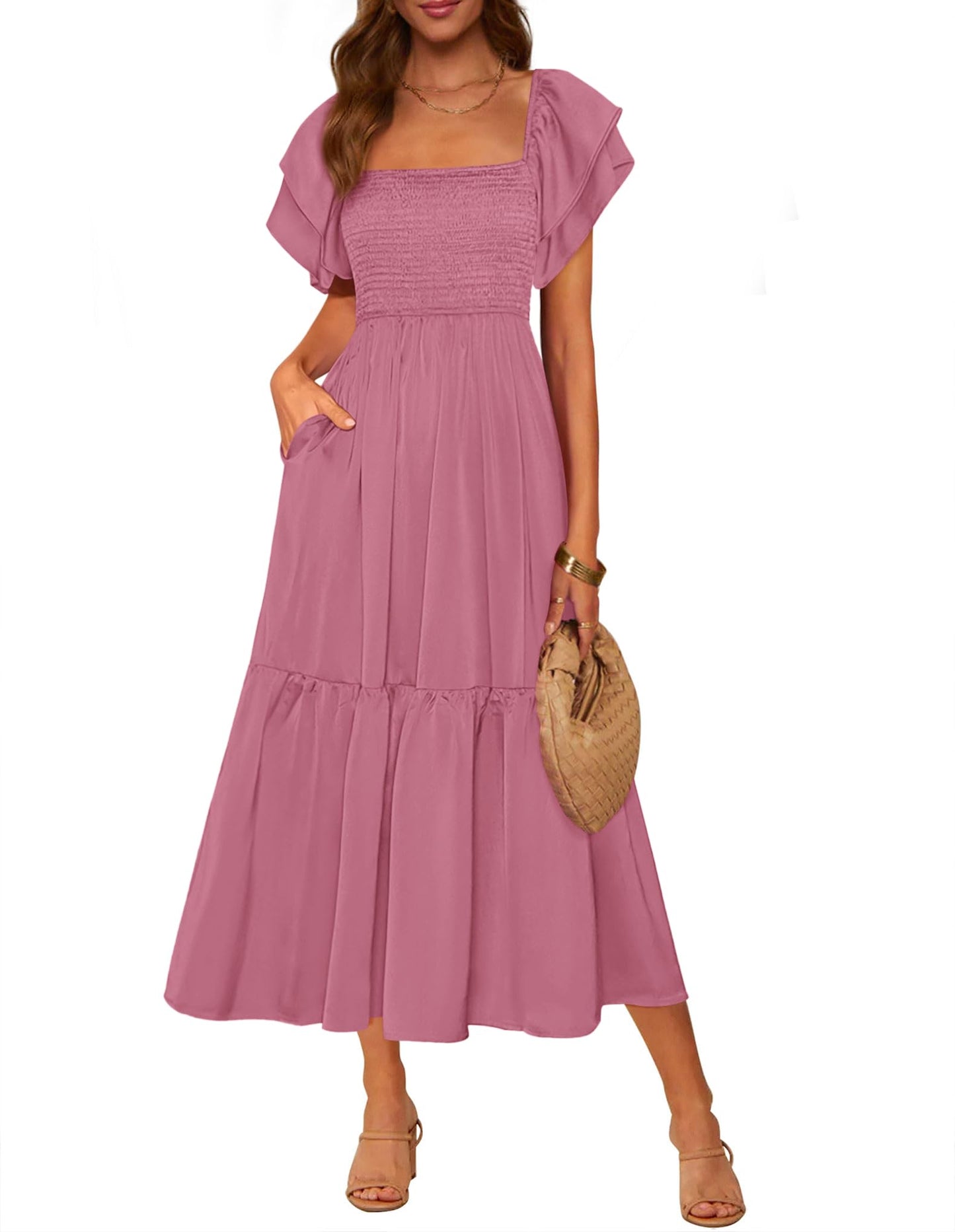 MASCOMODA Womens Summer Casual Midi Dress Square Neck Ruffle Short Sleeve Smocked High Waist A Line Wedding Guest Dresses