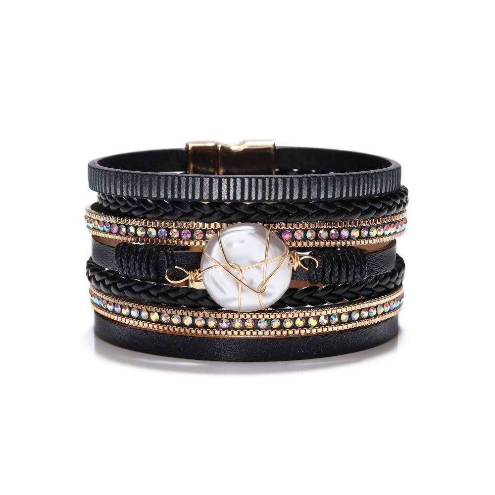 Fesciory Leopard Bracelet for Women, Boho Leather Wrap Multi-Layer Pearl Crystal Bracelet Bangle Jewelry