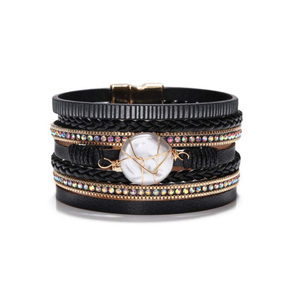 Fesciory Leopard Bracelet for Women, Boho Leather Wrap Multi-Layer Pearl Crystal Bracelet Bangle Jewelry