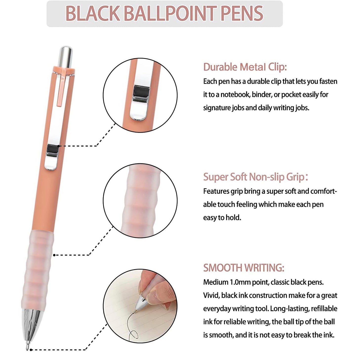 Linbsunne Ballpoint Pens Black Medium Point 1mm with Super Soft Grip Ball Point Pen for Men Women Retractable(style2, 12 pcs)