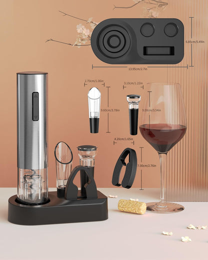 CIRCLE JOY Electric Wine Opener Rechargeable 5-in-1 Stainless Steel Wine Gift Set with Foil Cutter, Wine Aerator Pourer, Wine Drip Ring & Vacuum Stopper, Ideal Gifts for Wine Lovers, Silver