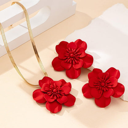 Vintage Flower Necklace Earring Set Gold Snake Chain Necklace Bohemian Red Flowers Choker Necklaces Hypoallergenic Statement Flower Stud Earrings Elegant Bridal Wedding Summer Beach Jewelry