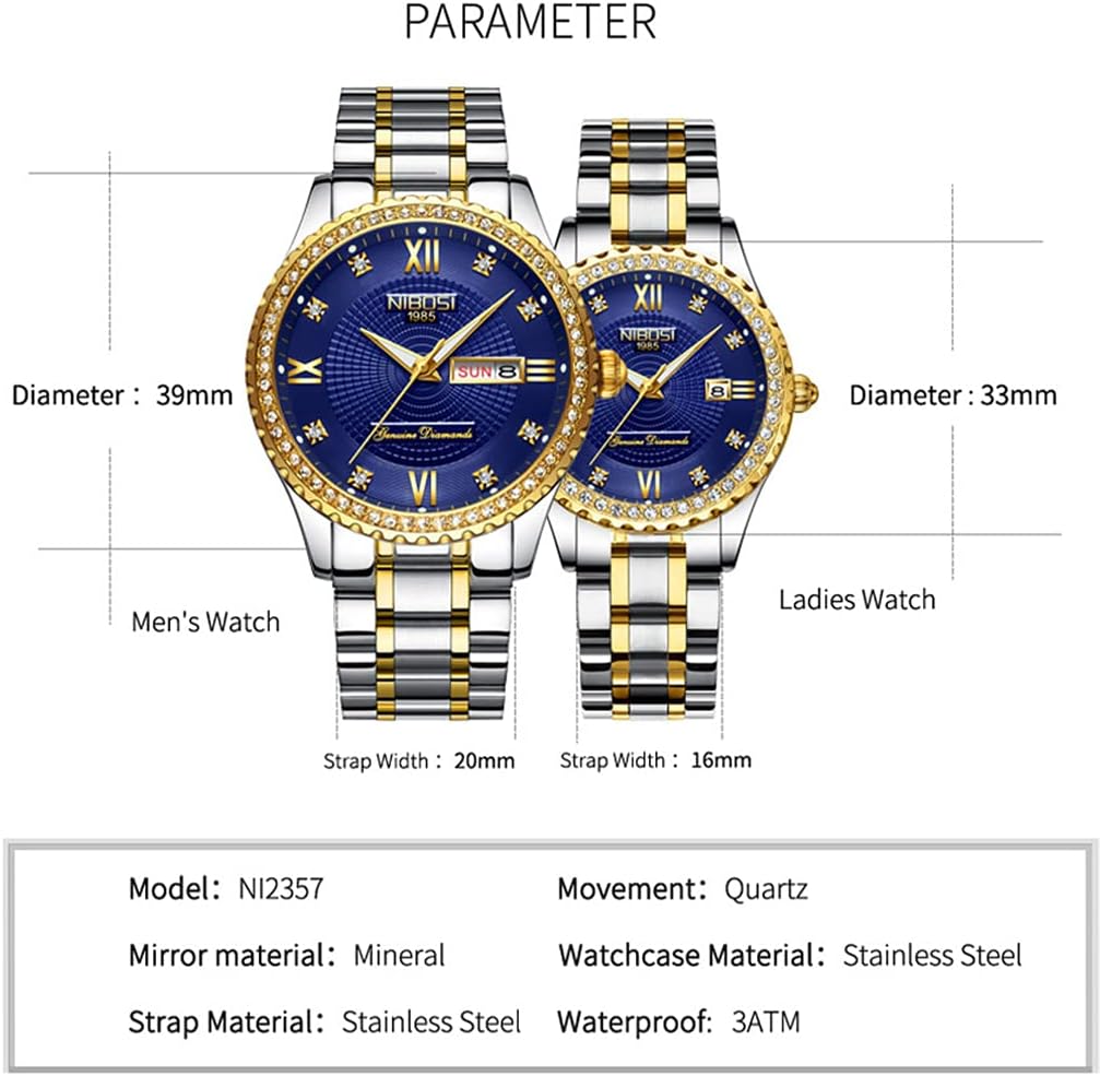 NIBOSI Watches for Couples Diamond Luxury Men and Women His and Hers Pair Watch Set Husband Wife Valentines Matching Wrist Watch Wedding Gifts Day Date Waterproof Quartz Analog