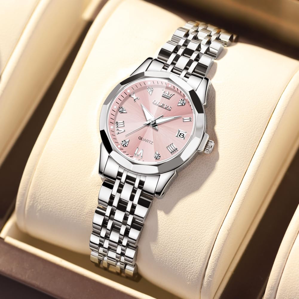 OLEVS Watches Women with Date Silver Stainless Steel Luxury Ladies Watches with Small Writs Diamond Watches for Women Waterproof Elegant Dress Quartz Analog Women's Wrist Watches Reloj de Mujer