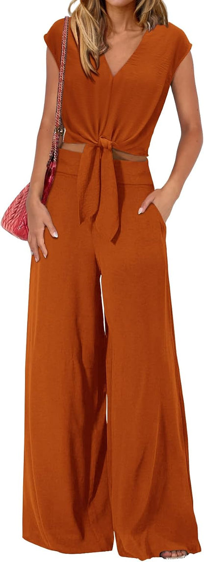 PRETTYGARDEN Women's Summer 2 Piece Outfits 2026 Cap Sleeve V Neck Belted Crop Tops Wide Leg Pant Sets Casual Tracksuit
