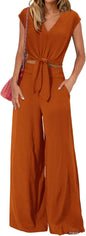 PRETTYGARDEN Women's Summer 2 Piece Outfits 2026 Cap Sleeve V Neck Belted Crop Tops Wide Leg Pant Sets Casual Tracksuit
