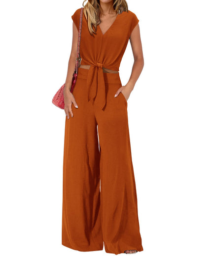 PRETTYGARDEN Women's Summer 2 Piece Outfits 2026 Cap Sleeve V Neck Belted Crop Tops Wide Leg Pant Sets Casual Tracksuit