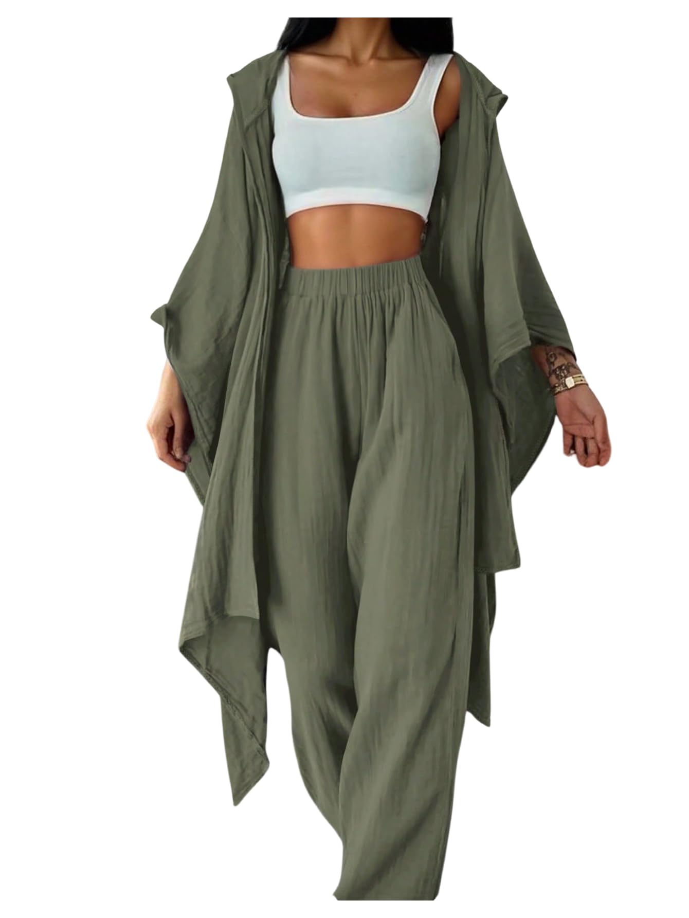 SOLY HUX Women's 2 Piece Linen Sets Hooded Kimono Cardigan High Waist Pants | Boho, Wide Leg, Elastic Waisted, Casual, Flowy, 2 Piece Outfits