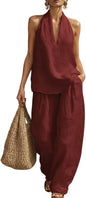 Womens Linen 2 Piece Sets 2026 Sleeveless V-Neck Halter Top Matching Baggy Wide Leg Pants Summer Lounge Set Vacation Outfits