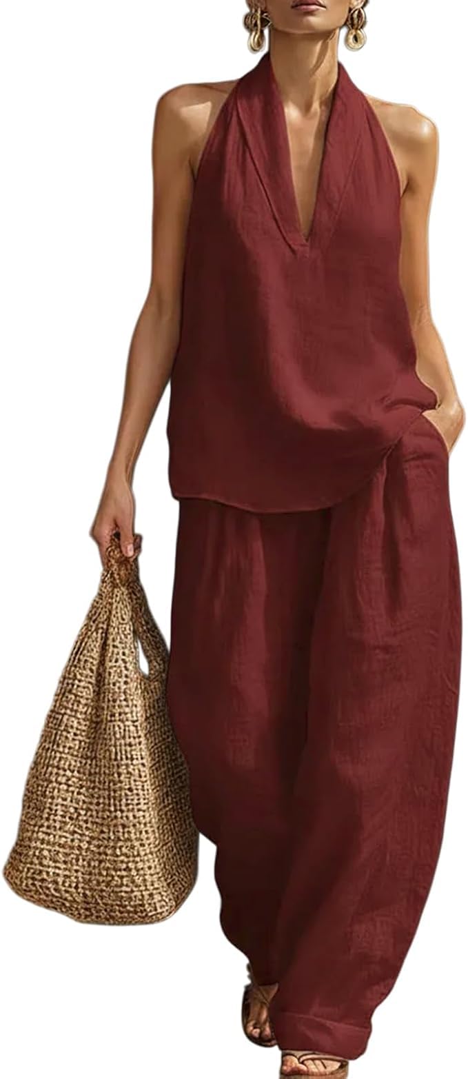 Womens Linen 2 Piece Sets 2026 Sleeveless V-Neck Halter Top Matching Baggy Wide Leg Pants Summer Lounge Set Vacation Outfits