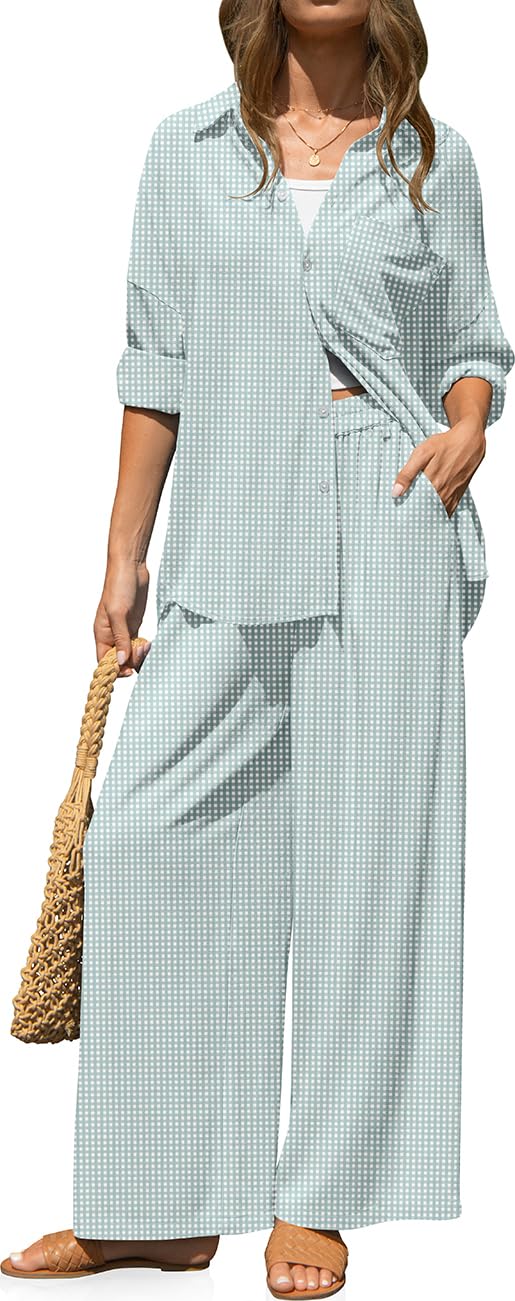TARSE Womens Linen 2 Piece Outfits Casual Lounge Sets | Long Sleeve, Button Down Shirt and Wide Leg Pants, loose fit linen, vacation outfits with Pockets