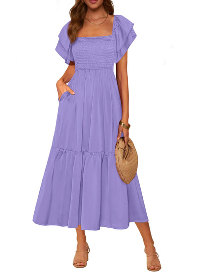 MASCOMODA Womens Summer Casual Midi Dress Square Neck Ruffle Short Sleeve Smocked High Waist A Line Wedding Guest Dresses