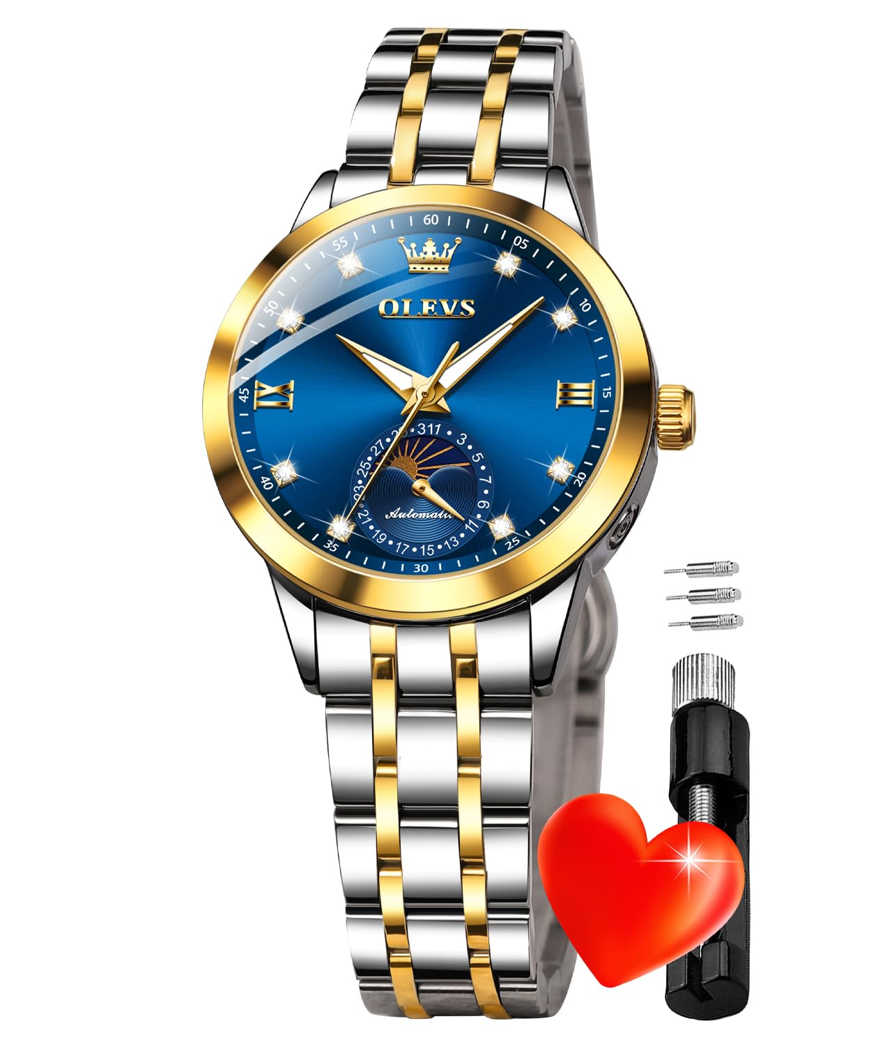 OLEVS Womens Automatic Watches Gold Classic Diamond Ladies Self Winding Mechanical Two Tone Stainless Steel Wrist Watch Date