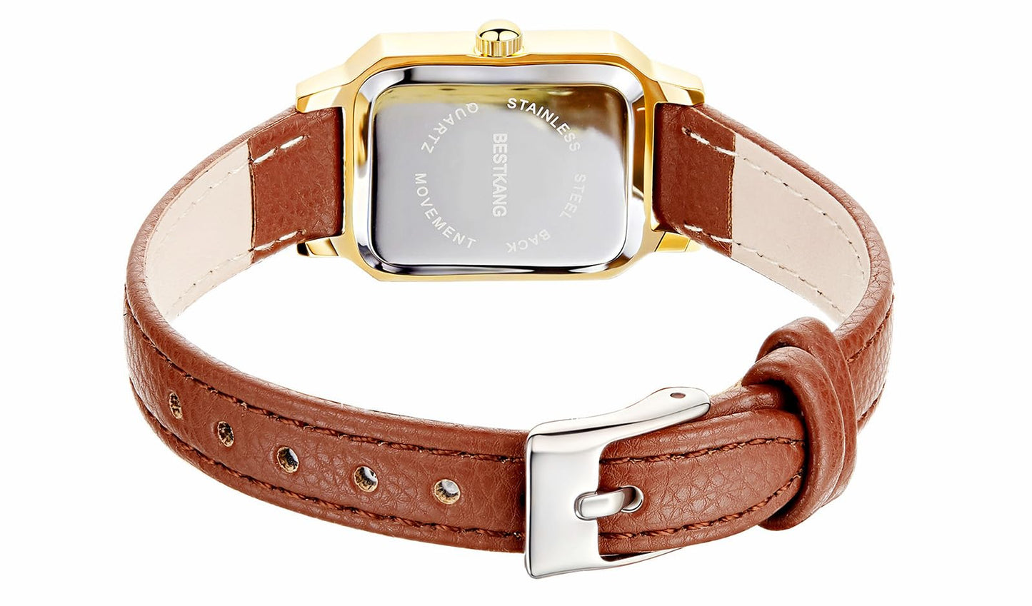 BESTKANG Leather Strap Watches for Women Elegant Dainty Ladies Watch Vintage Rectangle Women Quartz Wrist Watch