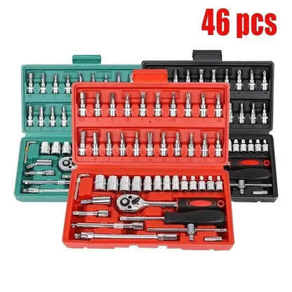 Socket Ratchet Wrench Set with Bit, Metric and Extension Bar for Auto Repairing, 46 PCs, 1/4 in Amagi