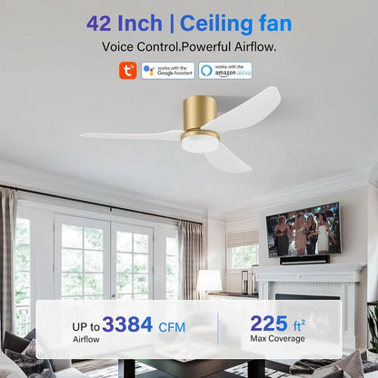 42 Inch Smart Ceiling Fan with Light Remote, WiFi Voice Alexa App Control, Ultra-Quiet Flush Mount for Small Bedroom Patio Porch