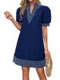 Wenrine Womens Summer V Neck Shift Dresses Casual Puff Short Sleeve Color Block Short Boho Beach Dresses with Pockets