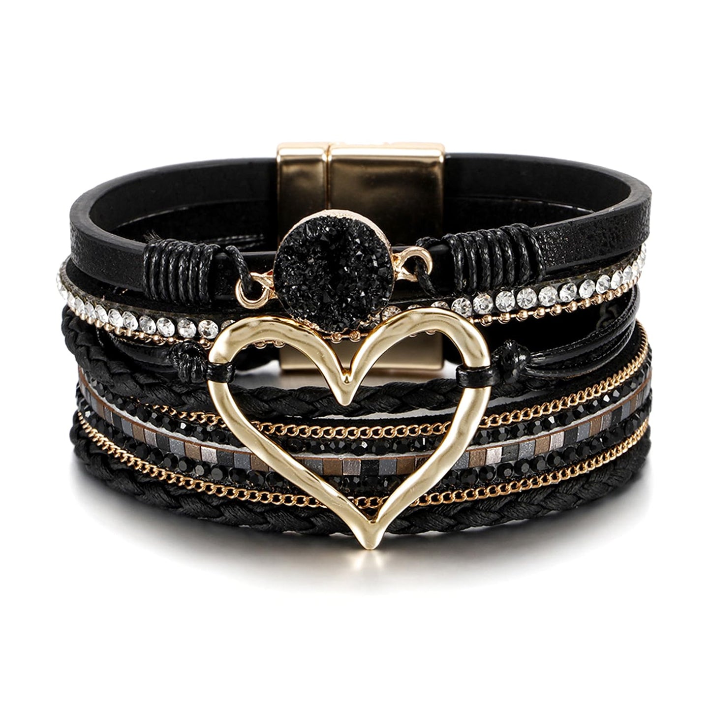 Fesciory Leopard Bracelet for Women, Boho Leather Wrap Multi-Layer Pearl Crystal Bracelet Bangle Jewelry