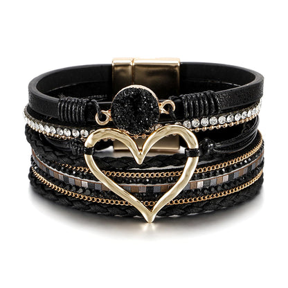 Fesciory Leopard Bracelet for Women, Boho Leather Wrap Multi-Layer Pearl Crystal Bracelet Bangle Jewelry