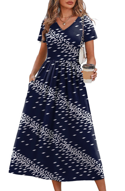 OFEEFAN Summer Dresses for Women Flowy Casual A-Line Midi Dress Beach Vacation Sundresses with Pockets S-2XL