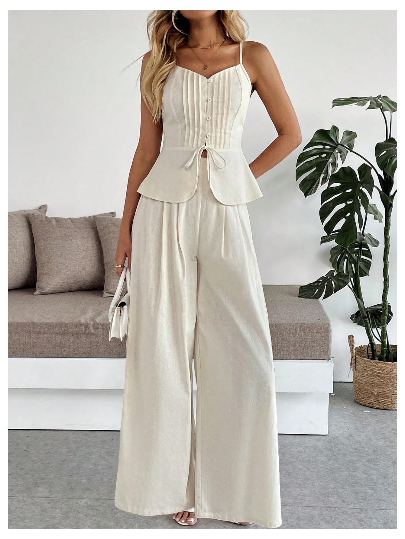 SOLY HUX Women's 2 Piece Summer Outfit Button Down Peplum Cami Top and Wide Leg Pants Set