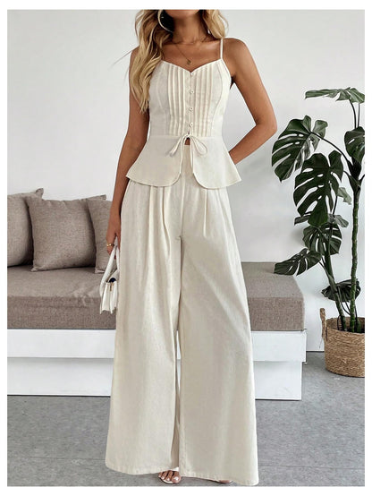 SOLY HUX Women's 2 Piece Summer Outfit Button Down Peplum Cami Top and Wide Leg Pants Set