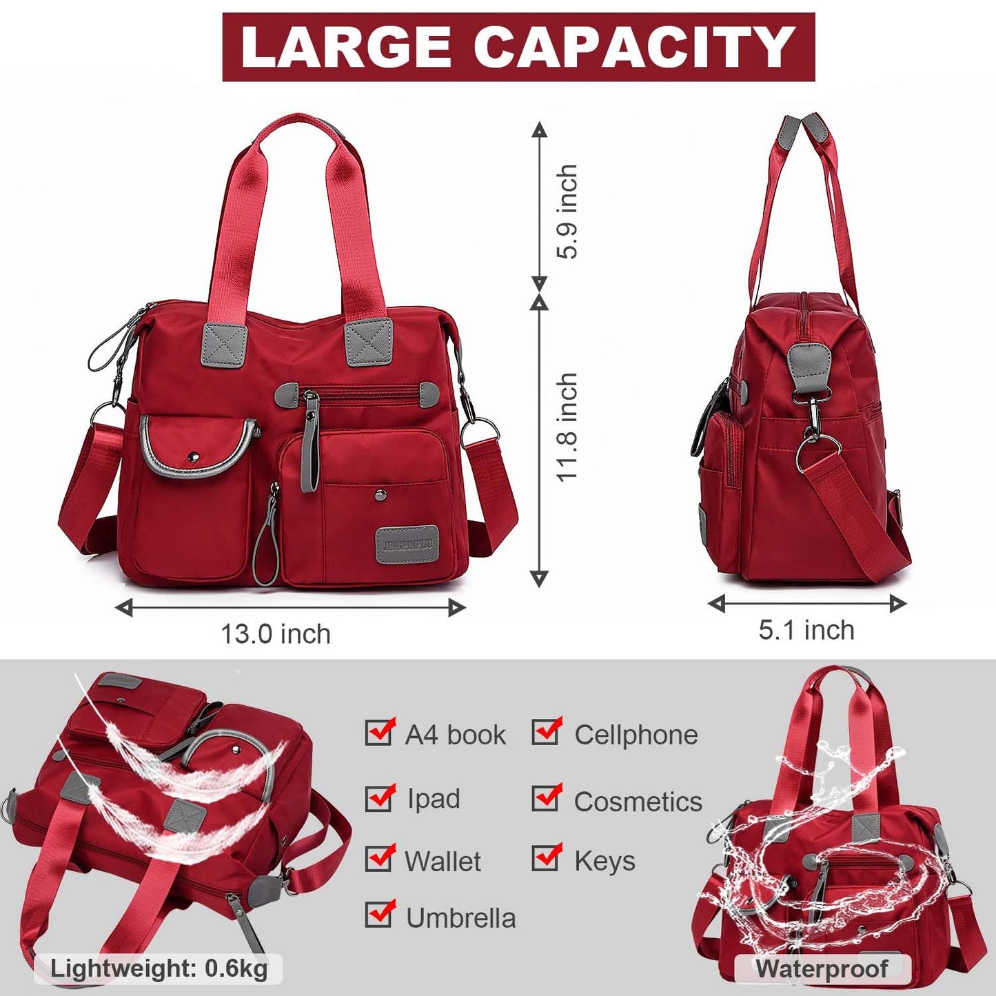 Tote Bag for Women,Multi Pockets Shoulder Handbag,Nurse Bag for Work,Large Cross body Purse,Fashion Nylon Top Handle Satchel